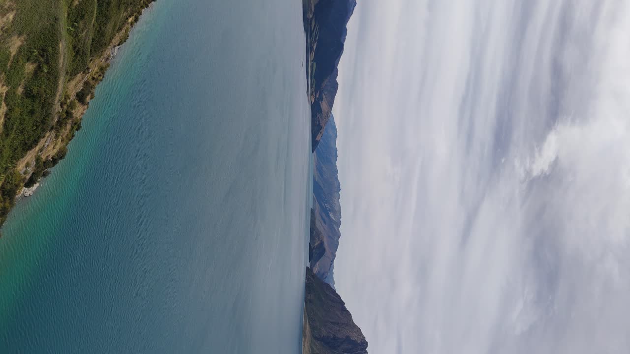 Vertical footage of Lake Hawea in New Zealand's South Island