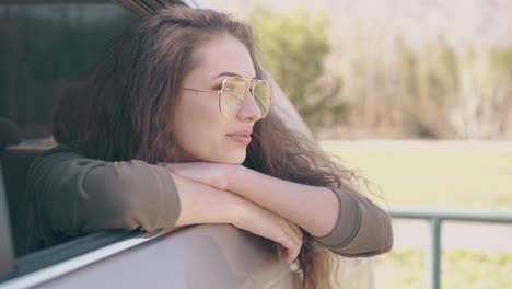 nice lady with elegant makeup leans out of car window