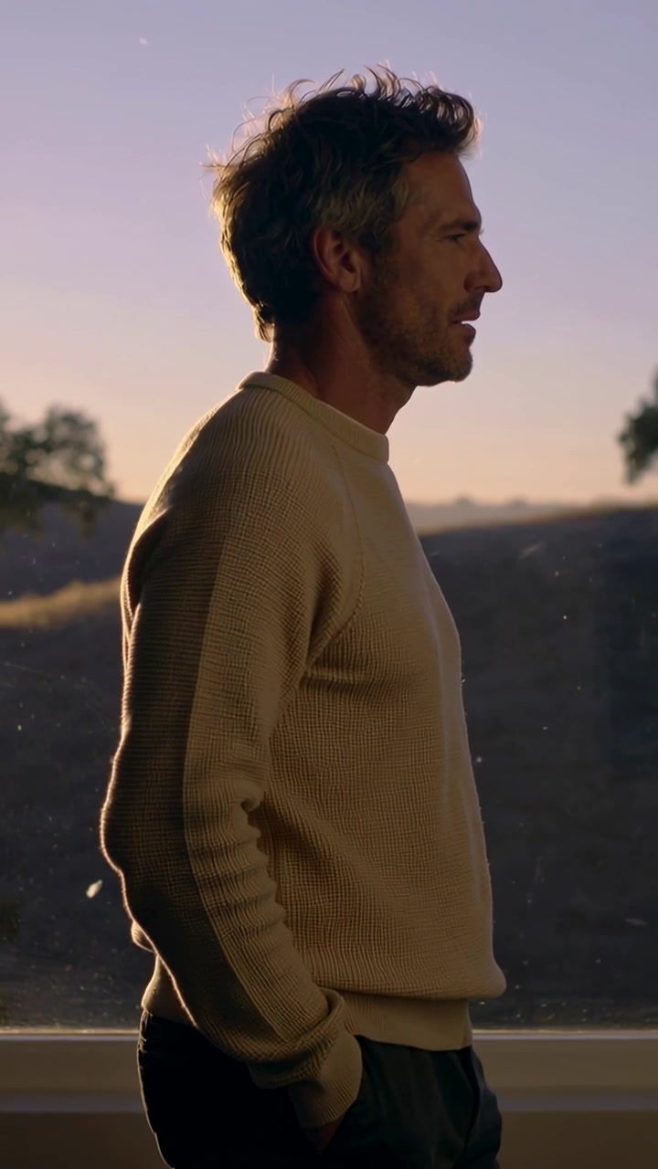 Video verticale: Uomo che guarda fuori dalla finestra verso l'orizzonte, attratto da una luce calda, con un maglione beige.