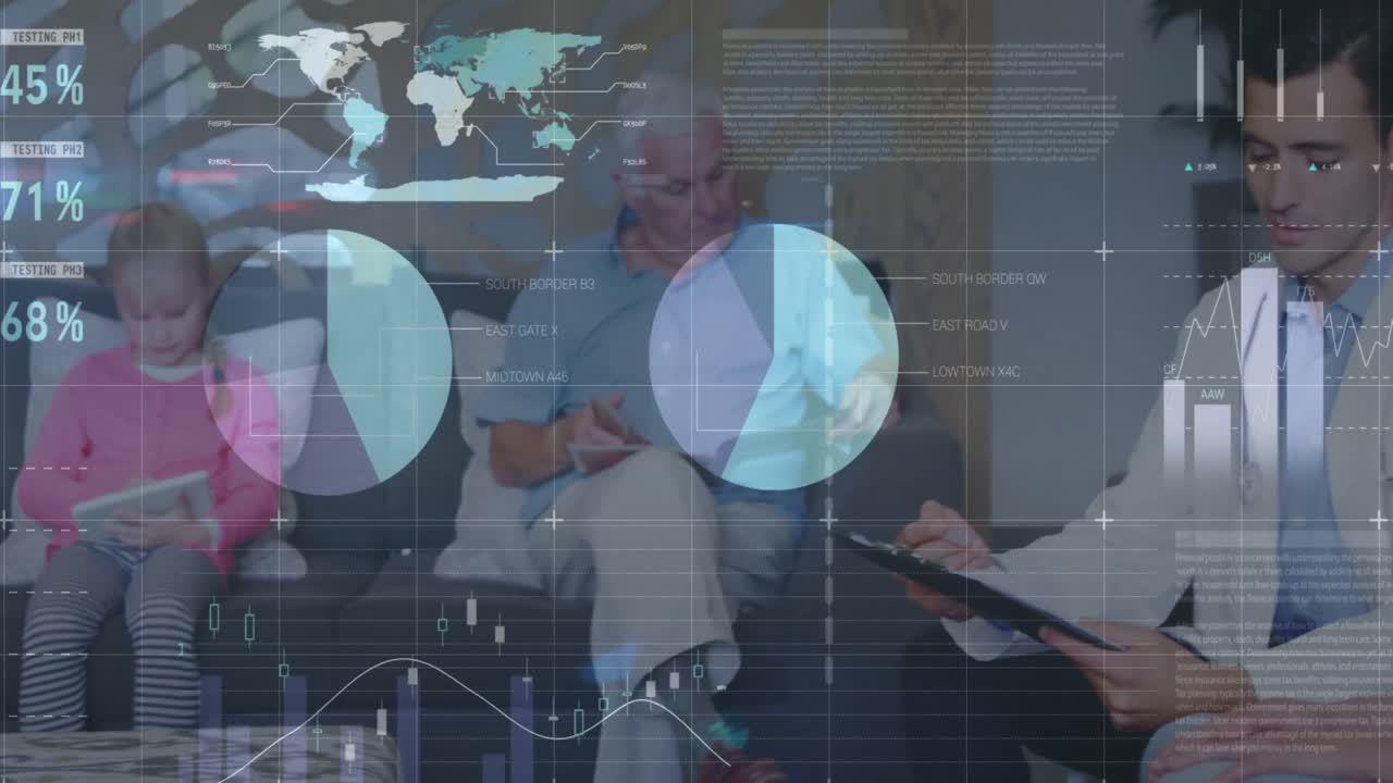 Animation of financial graphs and data over caucasian male doctor with patients