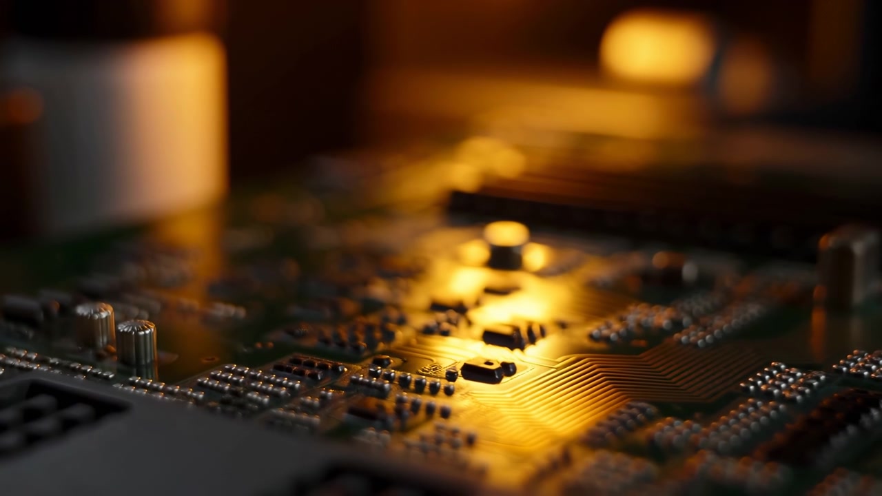 Golden Motherboard Closeup With Glowing Traces Warm Lowlight Scene Showing Solder Joints, Tiny Components,