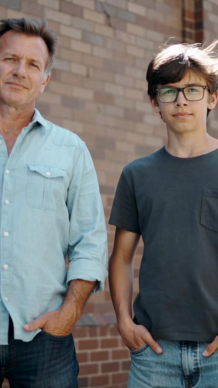 Video verticale: La telecamera riprende un adulto e un adolescente in piedi vicino a un muro di mattoni, in maglietta e jeans, con gli occhiali.