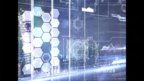 Animation of futuristic digital interface with hexagons and data processing elements