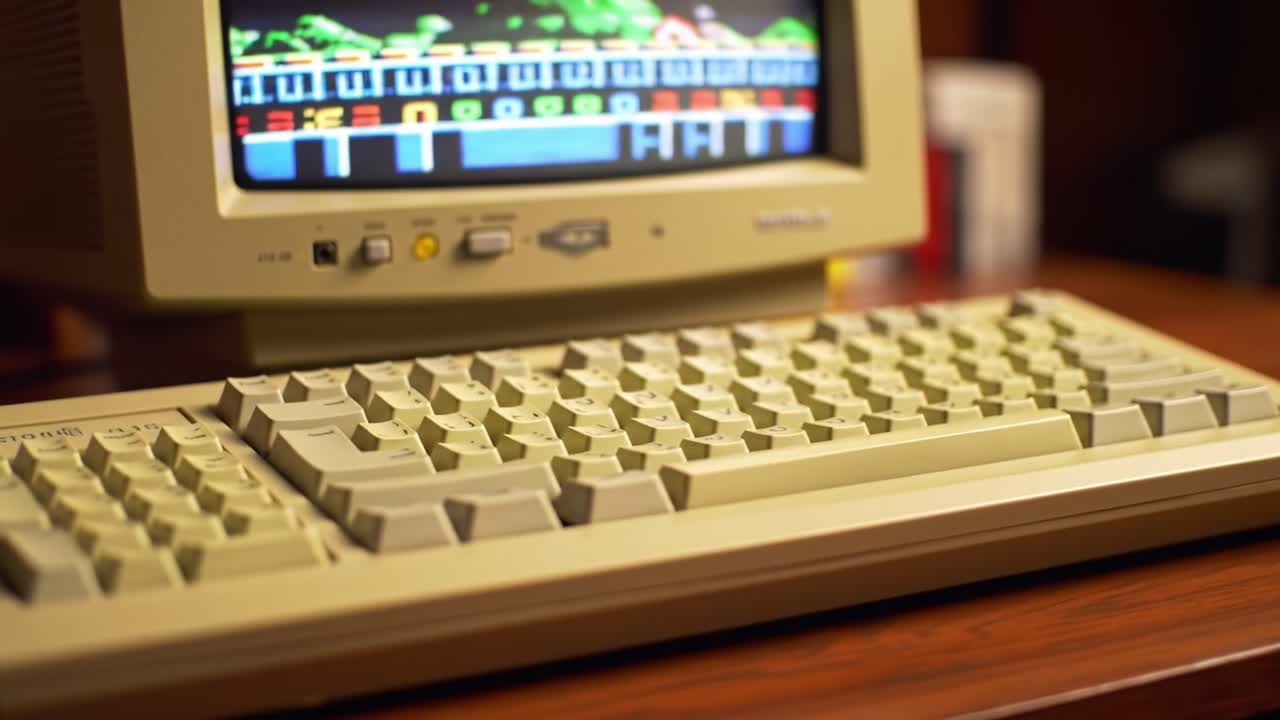 Exploring Vintage Computing: The Close-Up View of a Classic Keyboard and Monitor Displaying Retro Gaming Graphics and Interface Elements