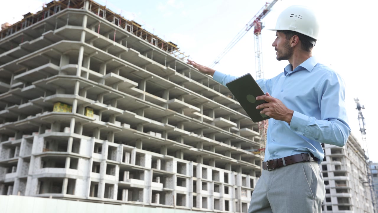Ingegnere con elmetto che ispeziona un cantiere edile con un tablet