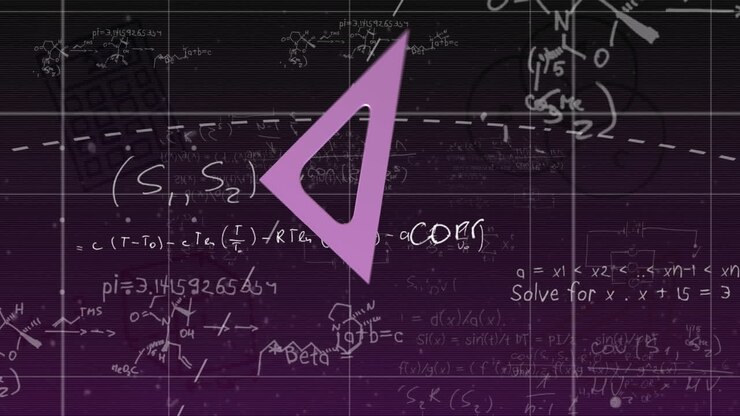 Animazione di un righello viola che ruota su equazioni matematiche su sfondo viola