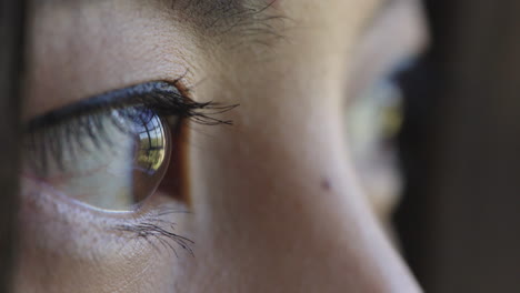 close up young woman eyes looking pensive contemplative blinking reflection on iris