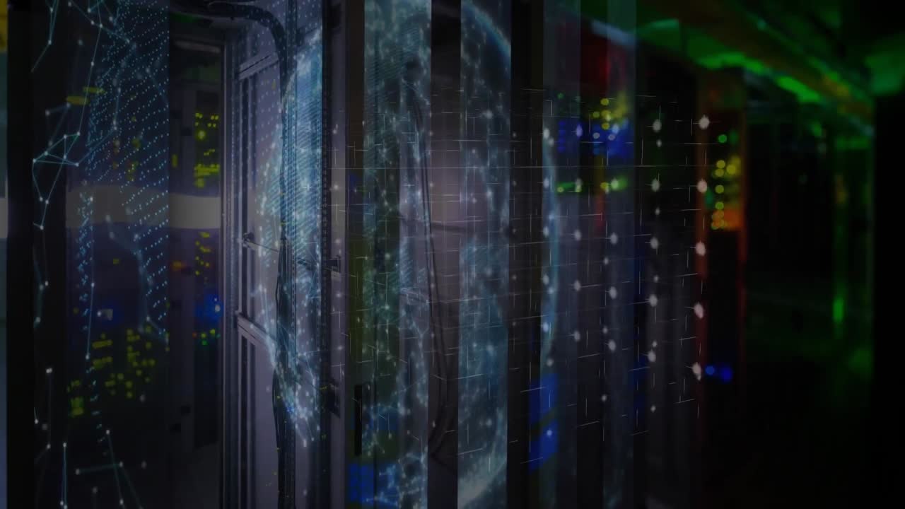 Animation of shapes moving and globe over server room