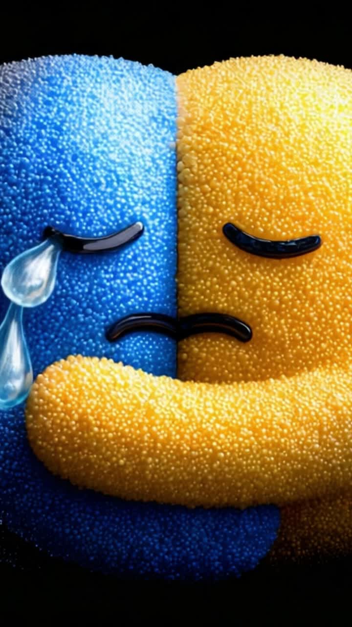 Un Viaggio Visivo di Emozioni: Due Personaggi Colorati che Rappresentano Gioia e Tristezza in un Abbraccio Artistico che Riflette la Complessità dei Sentimenti e delle Connessioni Umane