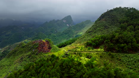 scenic landscape with mountains in dong van, northern vietnam - aerial drone shot