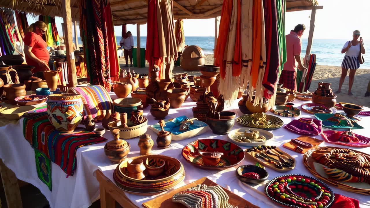 Vibrant Beach Market with Local Crafts and Textiles