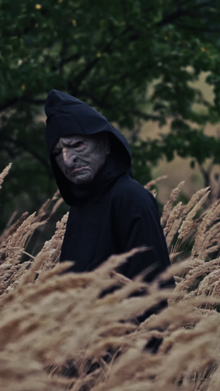 Dark ghost in black cloak with hood among nature. Wheat field and scary witch walks and looks on camera. Horror and Halloween concept. Vertical video