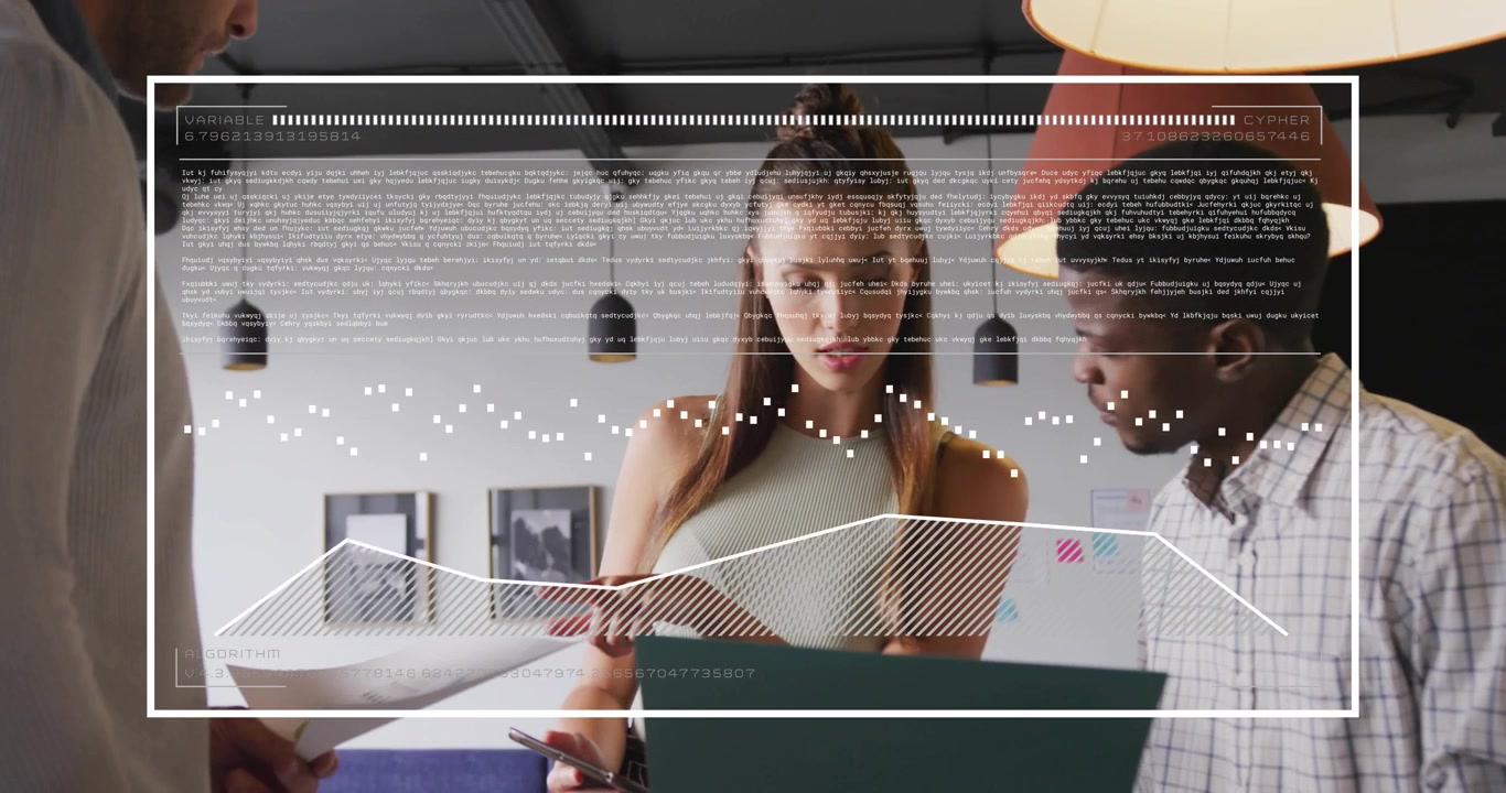 Mid adult man offering printout colleagues studying data, overlays animating business graphs