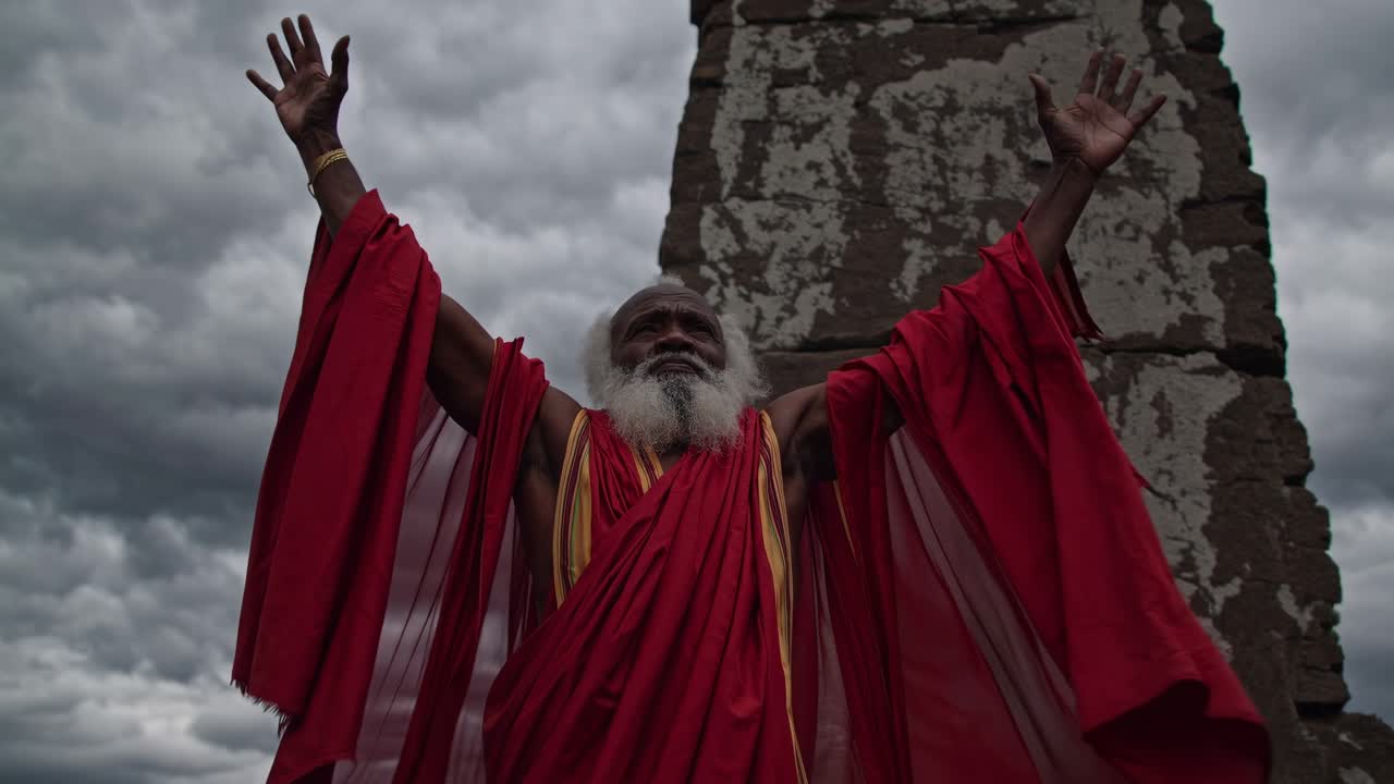 Elderly man in vibrant red robes raises arms towards the sky, expressing a moment of spiritual connection, surrounded by dramatic clouds and ancient stone structure