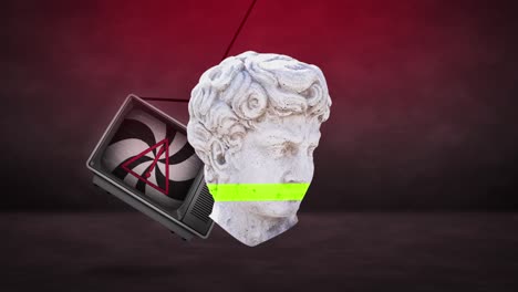animación de una escultura de cabeza antigua sobre un conjunto de televisión retro en fondo oscuro