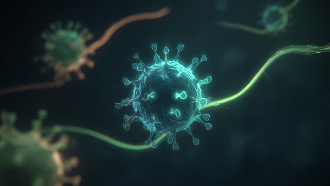 Microscopic View of a Virus with Dynamic Movement: Exploring the Intricate Structure and Behavior of Pathogens in a Vibrant Underwater-like Environment
