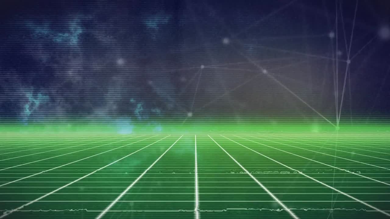 야간 하늘과 녹색 필드 위의 연결 네트워크의 애니메이션