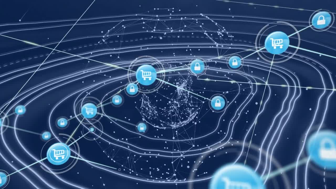전 세계 온라인 쇼핑 아이콘과의 연결 네트워크의 애니메이션