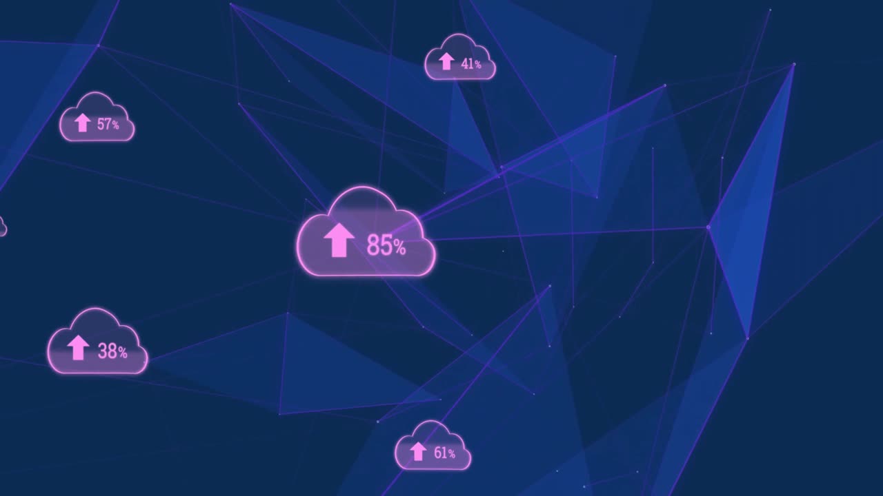 Animation of media icons over network of connections