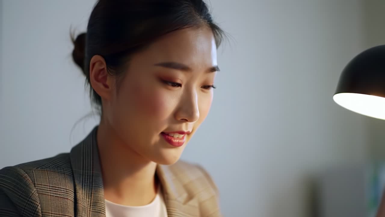 Engaged Professional Woman Working Focused in a Modern Workspace, Subtle Lighting Enhancing Her Expression and Dedication to Her Task