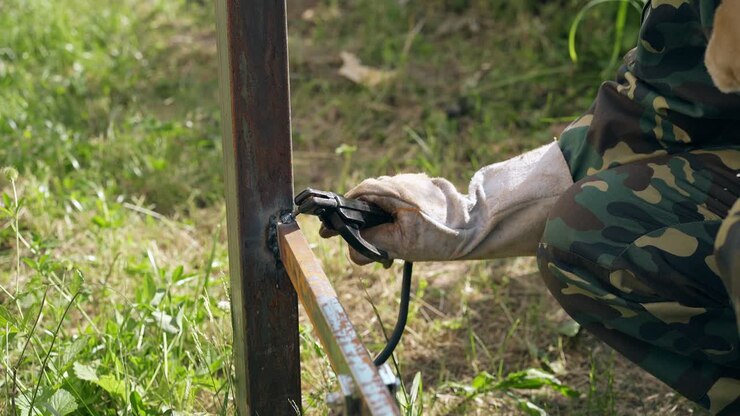 closeup repairman fixes part of fence using welding machine