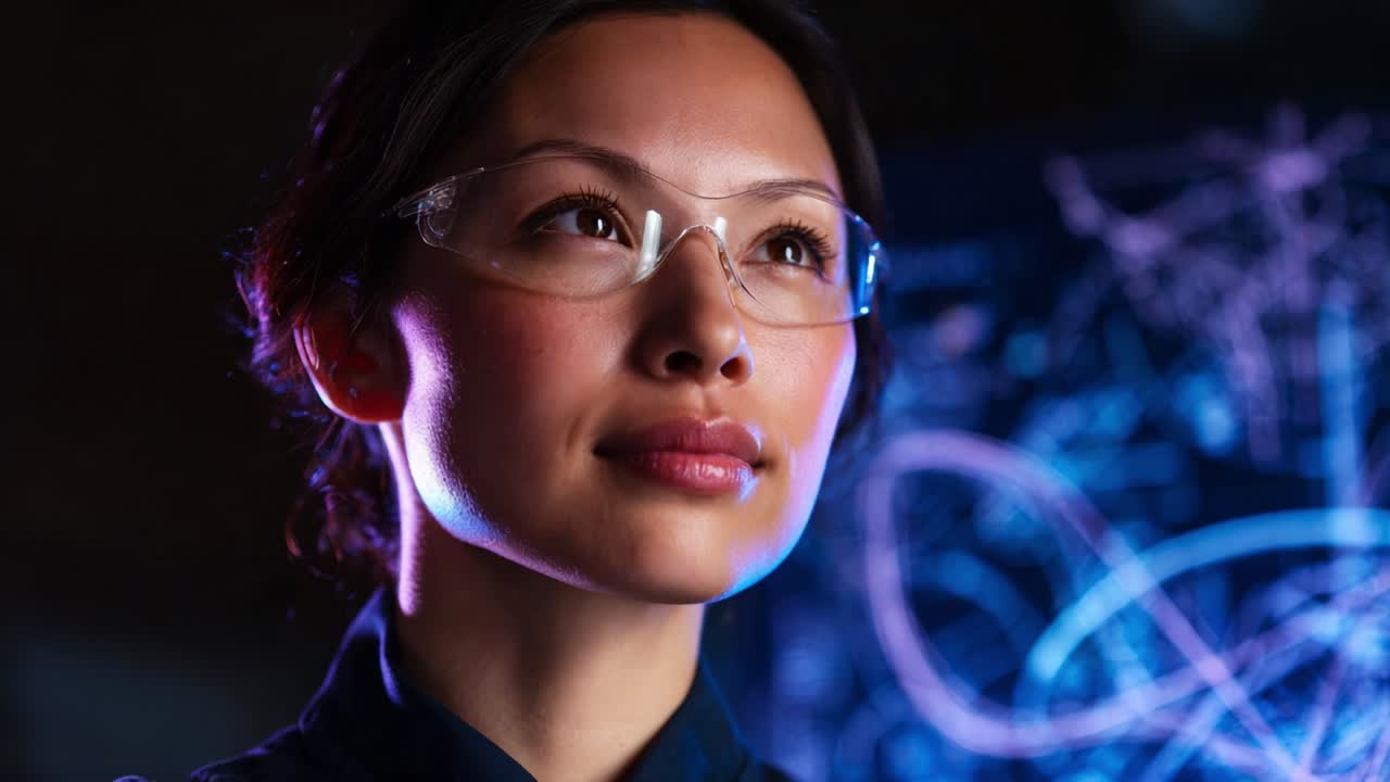 Uno scienziato stimolante con occhiali di protezione contempla le innovazioni future con determinazione e concentrazione, sullo sfondo colorato di motivi e design scientifici astratti
