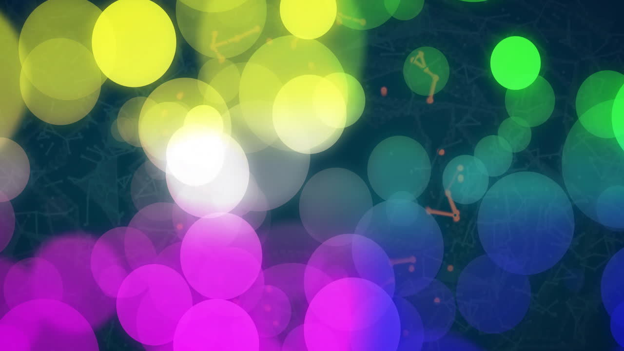 Animation of colorful bokeh lights overlapping network pattern on dark background