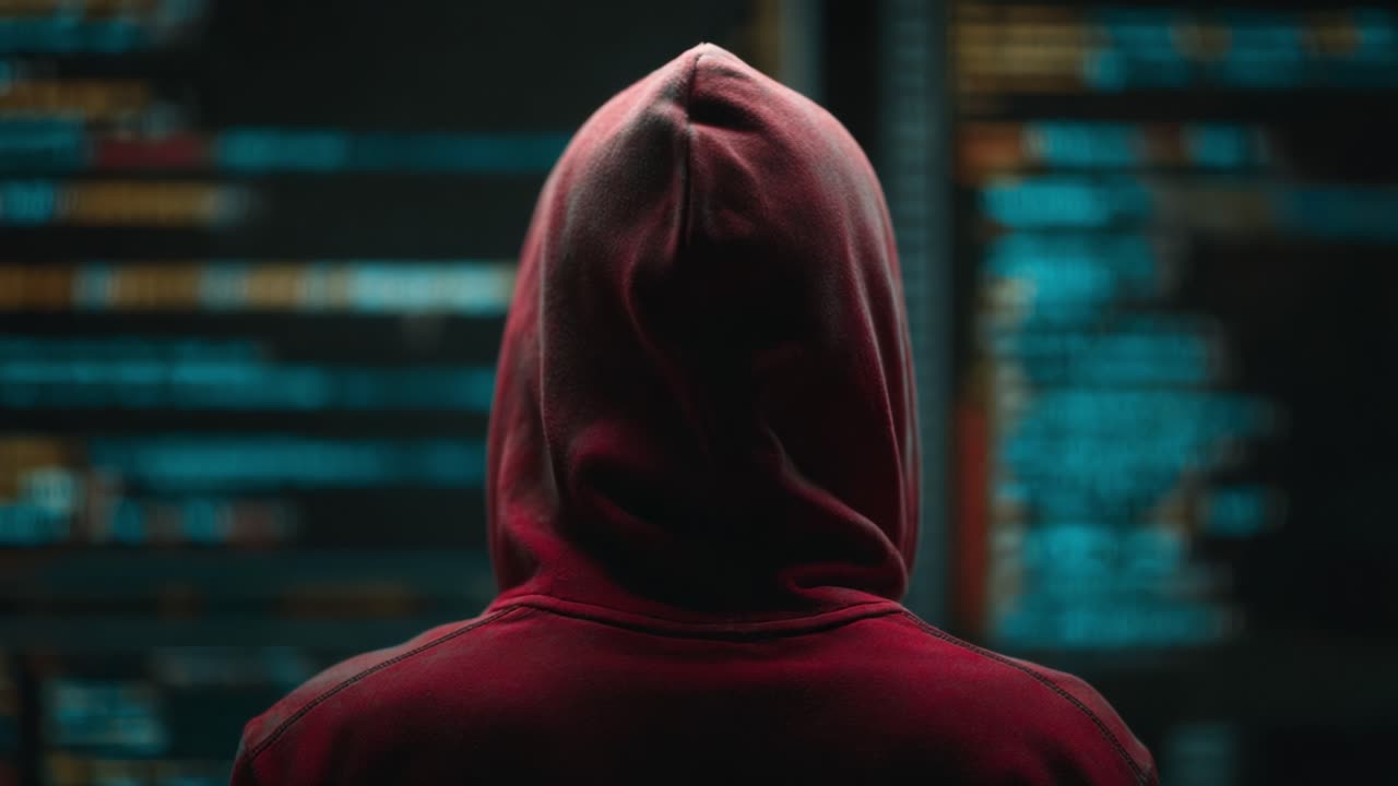 A Mysterious Figure in a Hooded Sweatshirt Stands Before a Screen Displaying Complex Code, Alluding to Cybersecurity and Digital Intrigue in an Urban Environment