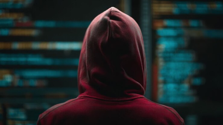 Una figura misteriosa con una felpa con cappuccio si erge davanti a uno schermo che mostra codice complesso, alludendo alla sicurezza informatica e all'intrigo digitale in un ambiente urbano