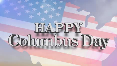 animation of happy columbus day text over american flag and sky