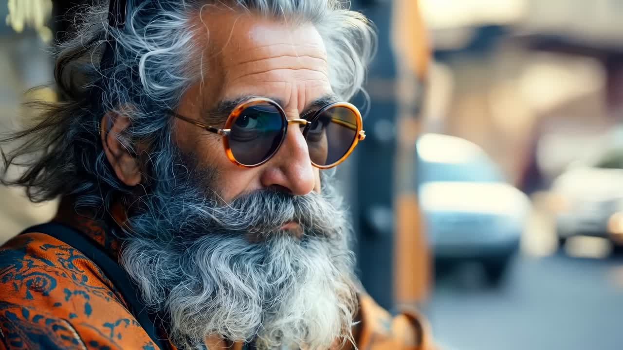 un hombre con una larga barba blanca con gafas de sol