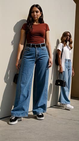 fashion models wearing wide leg jeans and simple tops, standing near neutral wall, basking in natural sunlight with urban casual style