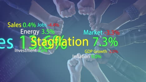 animation of data processing over diverse business people fist bumping in office