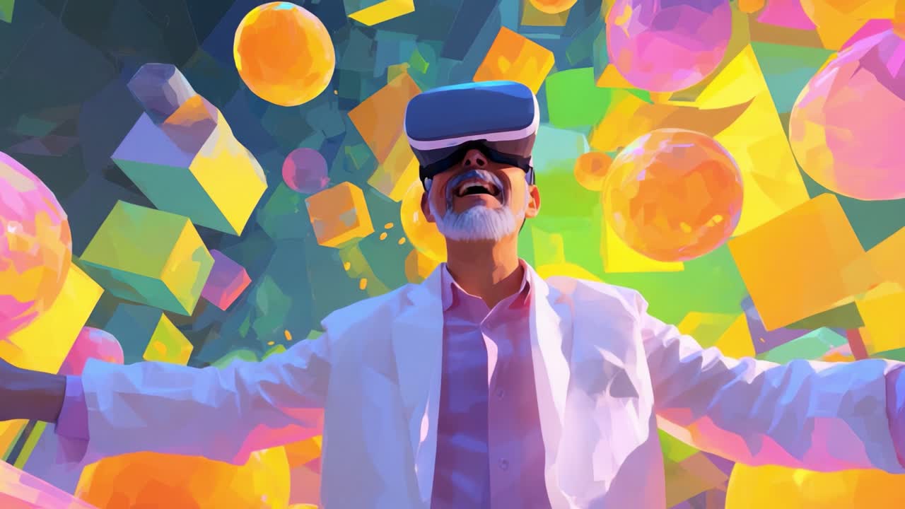 A joyous scientist experiences the wonder of virtual reality, surrounded by vibrant geometric shapes and glowing orbs, showcasing the limitless possibilities of immersive technology and innovation