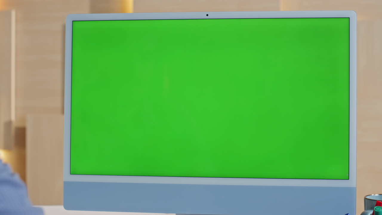 Unrecognizable manager working mockup computer close up. Man looking chroma key