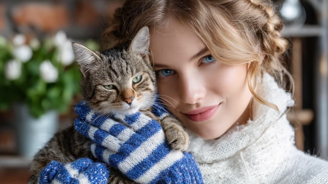 A Heartwarming Bond: A Woman Holding a Cat in a Cozy Setting with Soft Lighting, Capturing the Essence of Love and Companionship