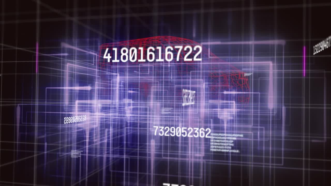 Grid forming triggers camera moving forward while numeric codes floating to represent data network