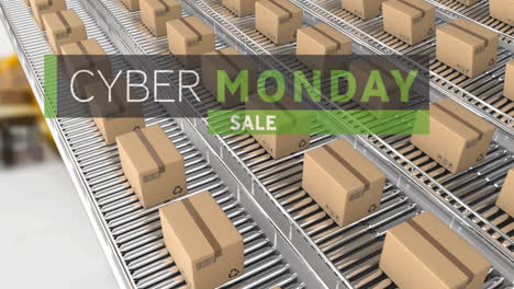 animation of cyber monday sale text over cardboard boxes on conveyor belts