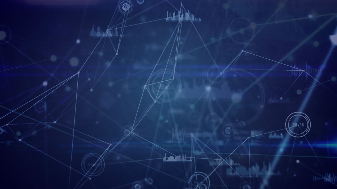 Animation of networks of connections and data processing over black background