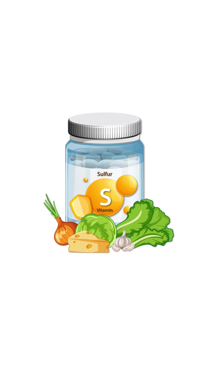 Vitamin sulfur supplement bottle gradually surrounded by vegetables, cheese, onion, garlic, and leafy greens