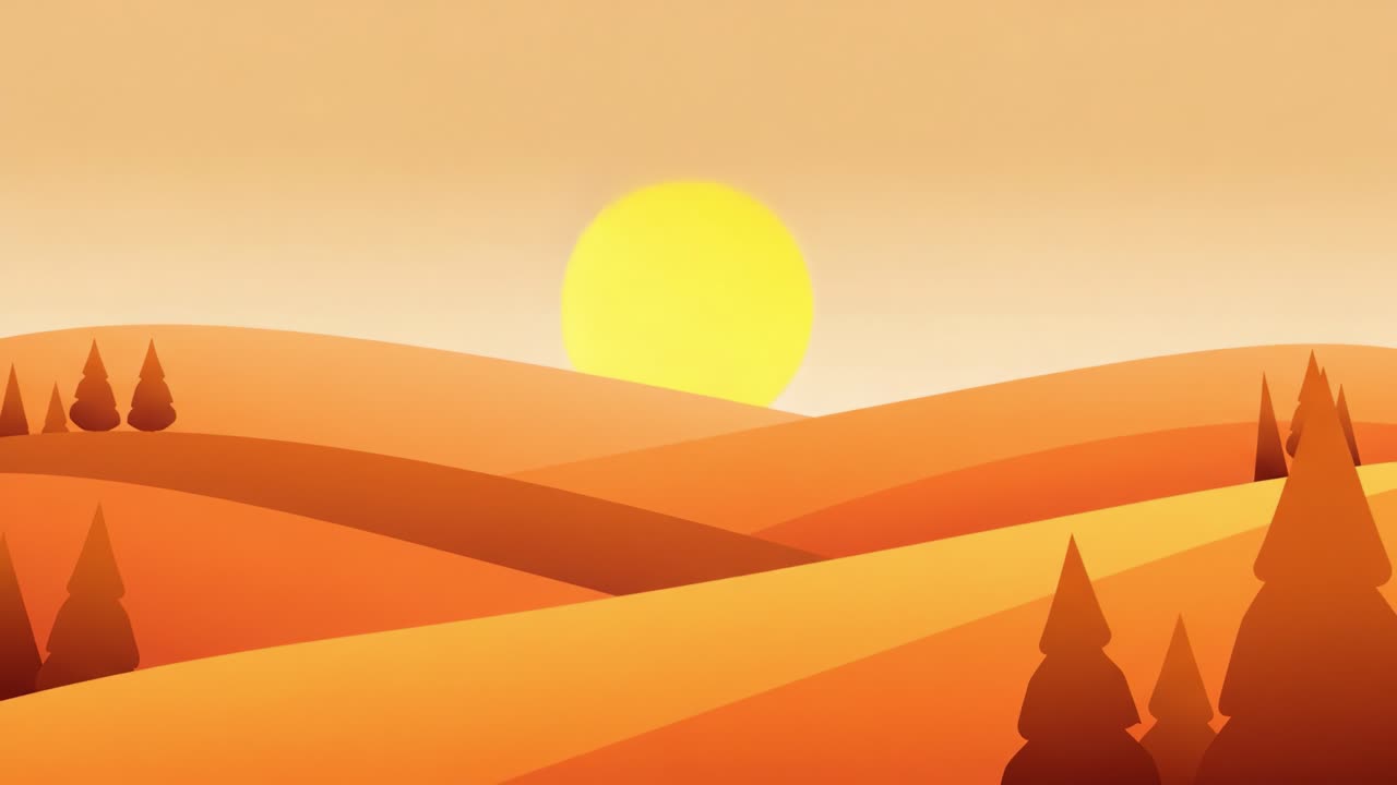 A Serene Sunset Over Rolling Hills with Stylized Trees in Warm Orange ...
