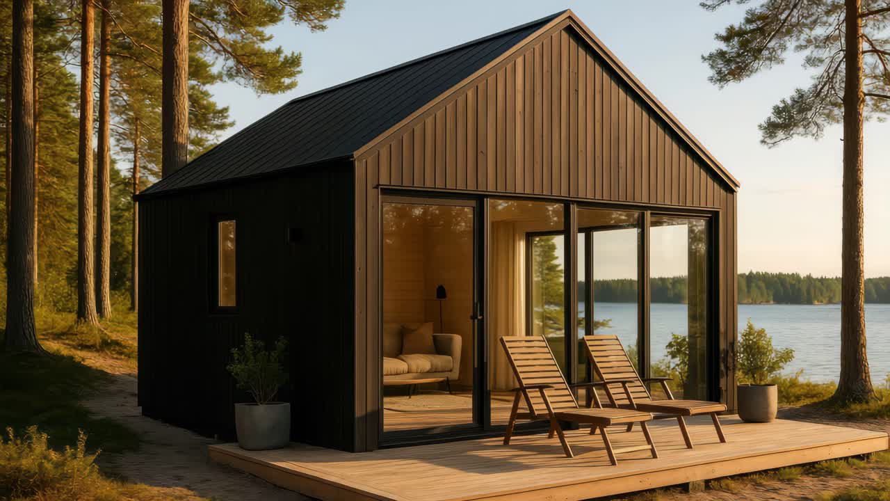 Cozy cabin by a lake, captured at eye level. The modern design and serene setting evoke a peaceful