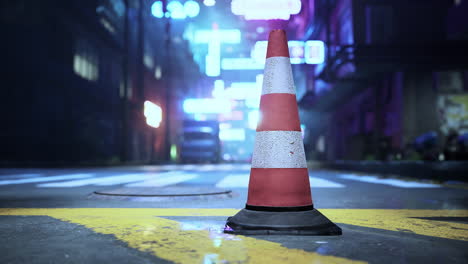 cono de tráfico en una calle de la ciudad futurista por la noche