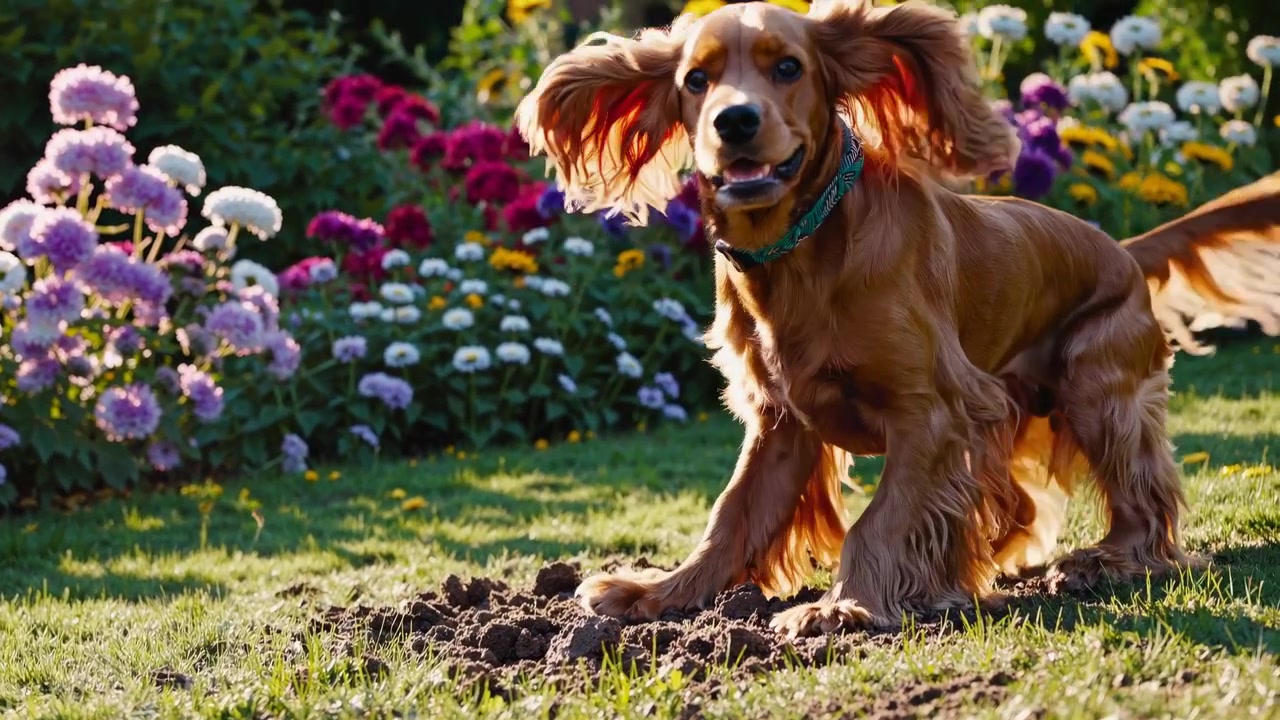 Cocker Spaniel Inglês Cavando em um Jardim Florido Ensolarado
