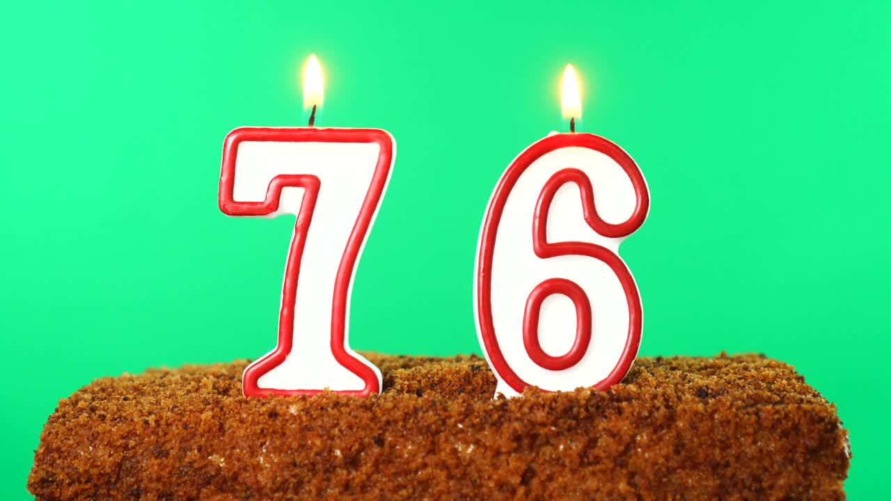 Cake with the number 76 lighted candle. Chroma key. Green Screen. Isolated