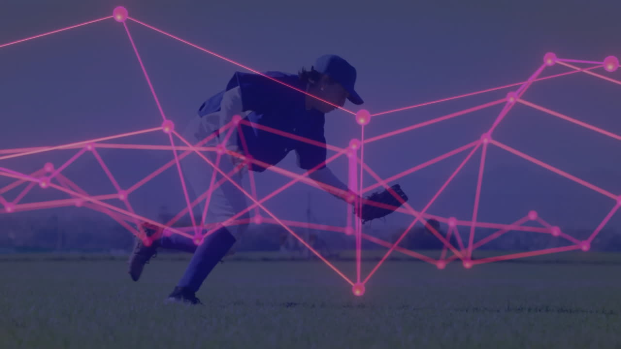 female athlete lunging on grass field, highlighting neon-pink network nodes for technology