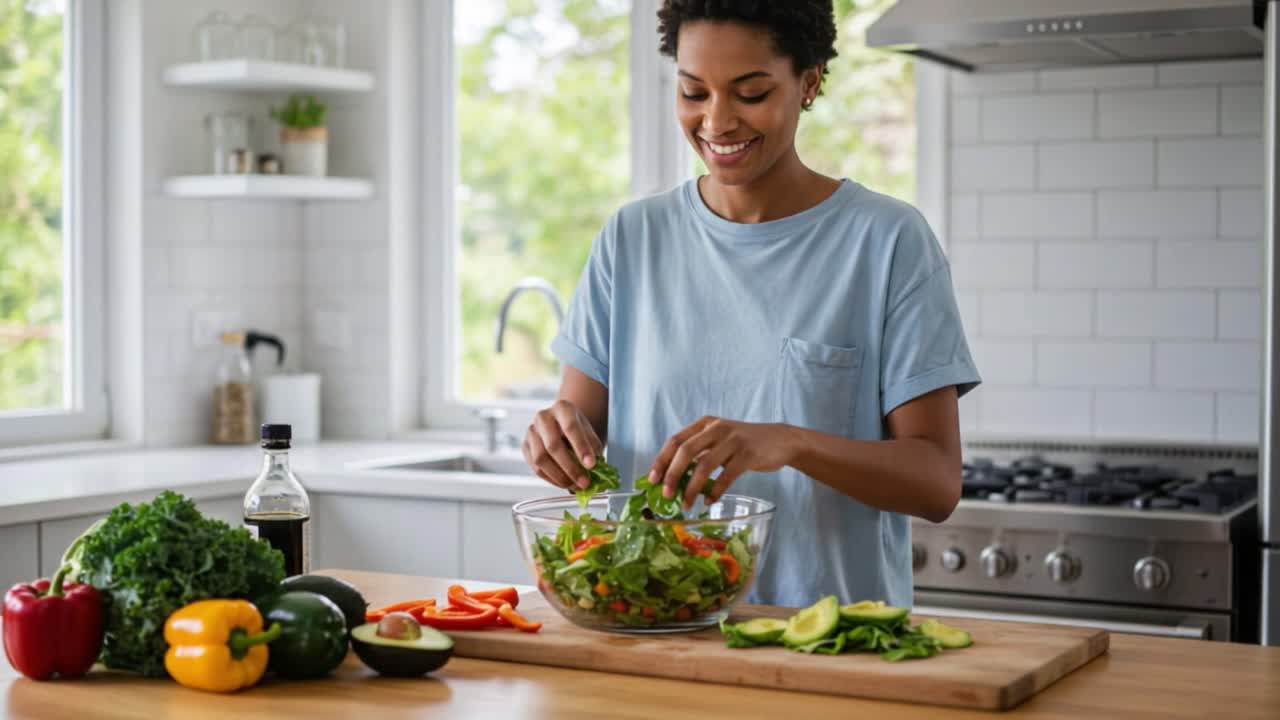 Um momento alegre na cozinha: preparando uma salada fresca com vegetais coloridos para uma experiência de refeição saudável
