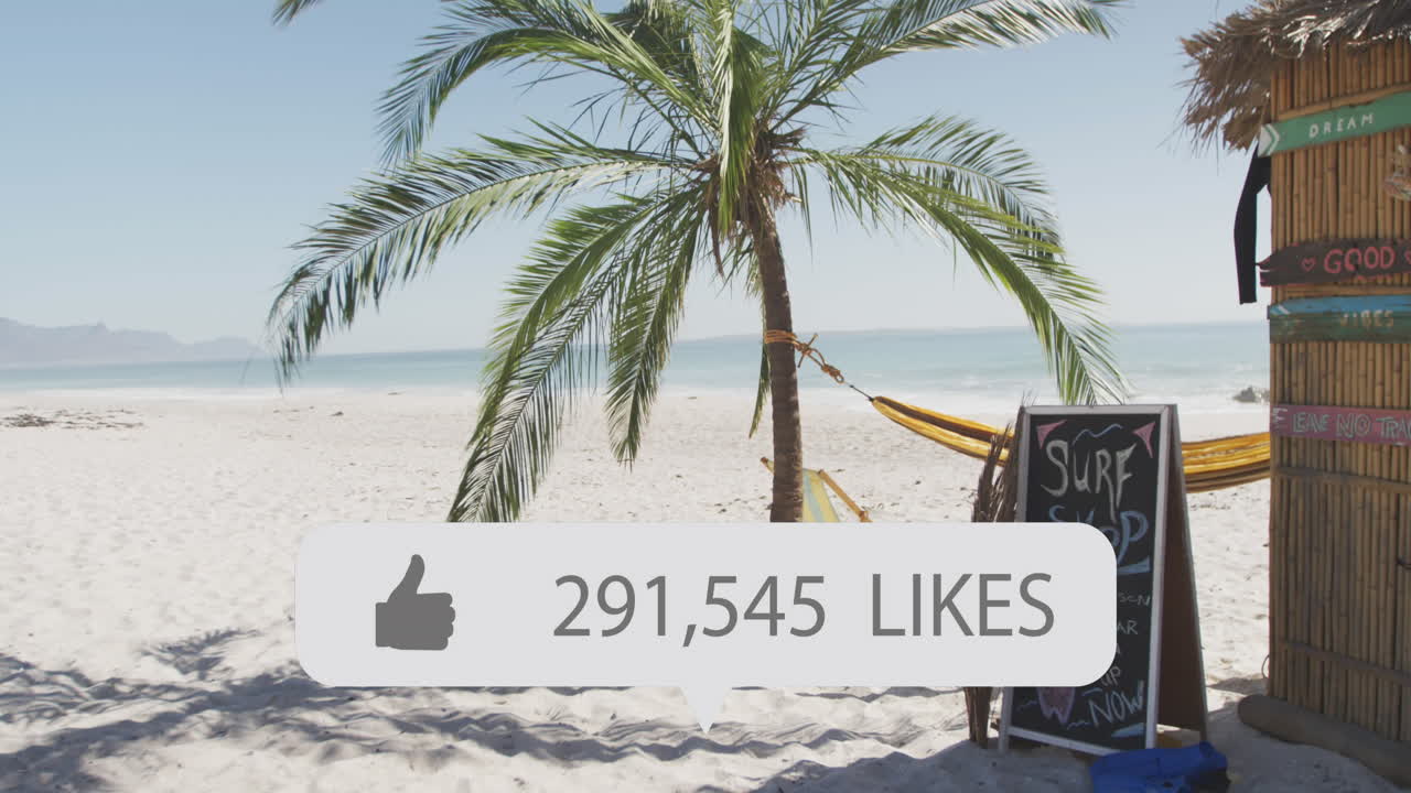 анимация речевого пузыря с большим пальцем вверх иконой и числами над пляжным баром