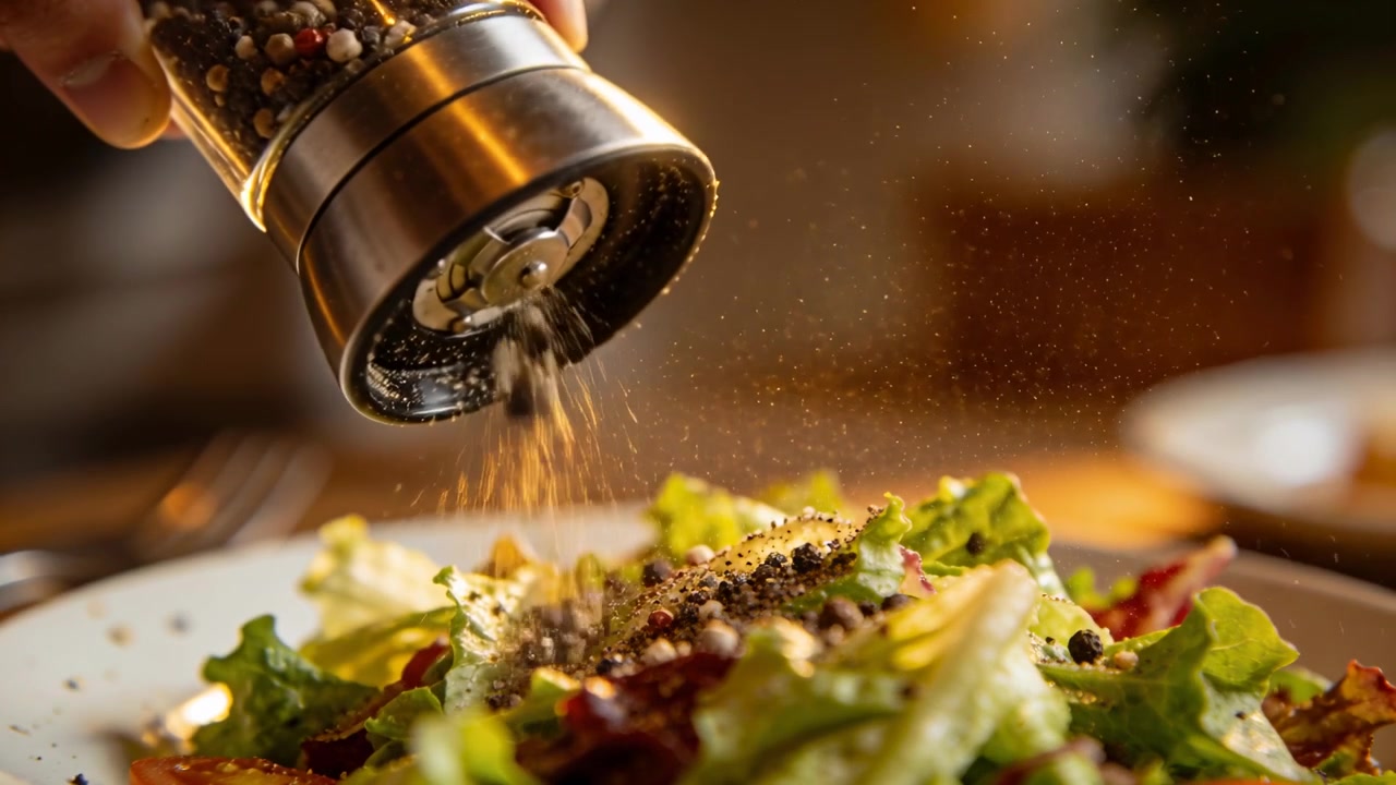 Mano che inclina e ruota un macinino in acciaio inossidabile sopra un'insalata sul tavolo, spargendo spezie e condendo l'insalata.
