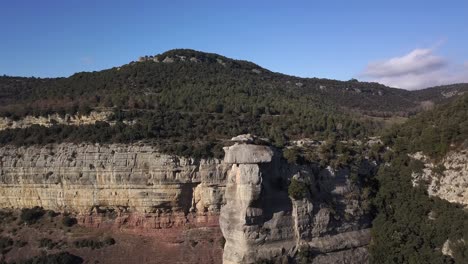 Aerial-view-of-vertical-cliffs-covered-by-green-vegetation,-arc-shot